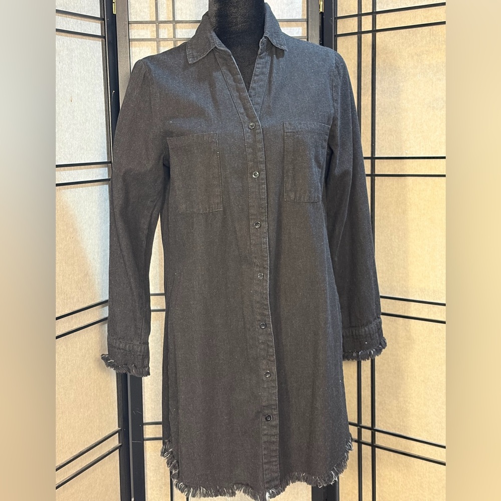 Zilcremo  Denim Shirt Dress Long Sleeve Frayed Hem Button Down Women Size Small